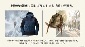 同じブランドでも極地用と日常使いでラインが異なり、ロゴだけで判断せずシリーズ名を確認することを推奨するスライド