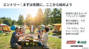 初心者でも扱いやすく、十分な性能を持つエントリーブランド(コールマン、ロゴス等)と新勢力の台頭を示すスライド 。