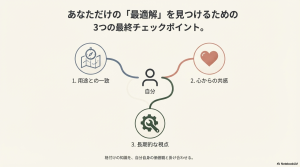 「用途との一致」「心からの共感」「長期的な視点」の3つのチェックポイントを視覚化したスライド 。