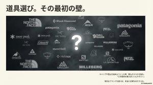 多彩なアウトドアブランドのロゴとともに「道具選び。その最初の壁。」と記された導入スライド 。