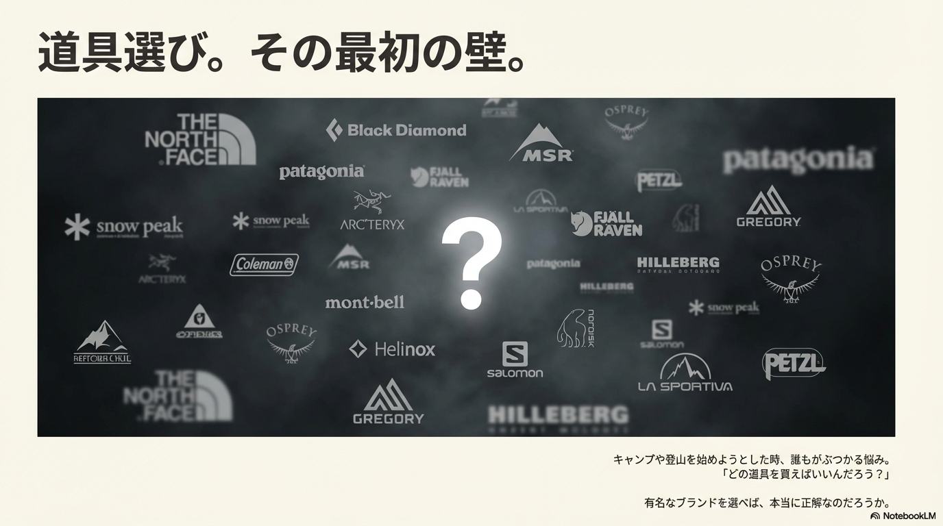 多彩なアウトドアブランドのロゴとともに「道具選び。その最初の壁。」と記された導入スライド 。