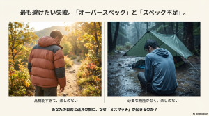 オーバースペックとスペック不足によるミスマッチが起きる理由を解説した、雨の中でのキャンプや登山のイメージスライド 。