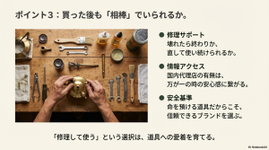 修理サポートや安全基準など、長期的な視点でのブランド選びの重要性を示すスライド 。