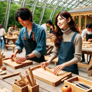 アウトドアヴィレッジのイベントスペースで、ワークショップ(木工細工やカッティングボード作り)に参加する日本人の美人女性とイケメン青年