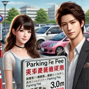 アウトドアヴィレッジの駐車場で車を停める日本人の美人女性とイケメン青年。料金案内の看板が近くにある。