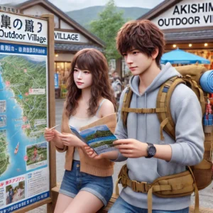 「昭島アウトドアヴィレッジでアウトドアアクティビティの準備をする日本人の美人女性とイケメン青年。女性はパンフレットを持ち、男性はバックパックのストラップを調整している。背景にはアウトドアギアショップやイベントエリアが広がる。」