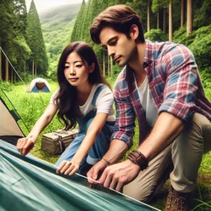 昭島アウトドアヴィレッジのキャンプエリアで、テントの設営をする日本人の美人女性とイケメン青年。背景には自然豊かな環境が広がる。