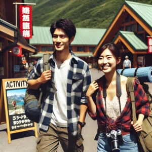 「アウトドアヴィレッジの入口で、キャンプギアを持った日本人の美人女性とイケメン青年が笑顔で施設を背景に歩く様子。周囲にはショップやアウトドアアクティビティの看板があり、開放的な雰囲気。」