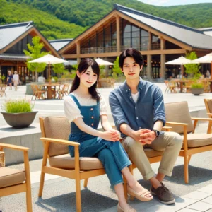 昭島アウトドアヴィレッジの広場で、日本人の美人女性とイケメン青年がアウトドアチェアに座ってくつろぐ様子。