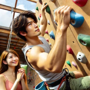 モリパークアウトドアヴィレッジのボルダリングウォールでクライミングに挑戦する日本人のイケメン青年。下から日本人の美人女性が応援している。