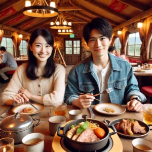 アウトドアヴィレッジ内のレストランで、キャンプスタイルの料理(グリル料理・ダッチオーブン)を味わう日本人の美人女性とイケメン青年。周囲にはアウトドア風の装飾。