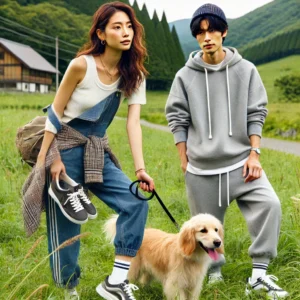 昭島アウトドアヴィレッジの芝生エリアで、日本人の美人女性とイケメン青年が犬を連れてリードを持ち散歩する様子。