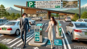 モリパークアウトドアヴィレッジの駐車場とアクセスの様子。広々とした駐車場エリアに、日本人の美人女性とイケメン青年が施設の入口に向かって歩いている。背景にはモリパークアウトドアヴィレッジの大きな看板と、P6・P7の駐車ゾーンの標識が見える。駐車料金の案内ボードやチケット発券機も設置されている。