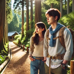アウトドアヴィレッジ本山のトレッキングコースを歩く日本人の美人女性とイケメン青年。周囲には緑豊かな自然とウッドチップの小道が広がる。