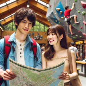 アウトドアヴィレッジでマップを広げながら次のアクティビティを相談する日本人の美人女性とイケメン青年。背景にはボルダリングウォールやショップが並ぶ。