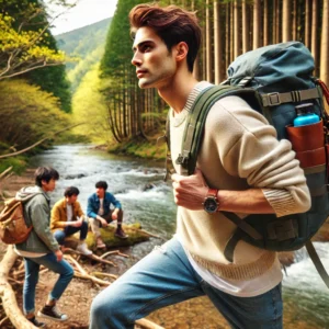 自然の中でキャンプをする若い男女グループ。