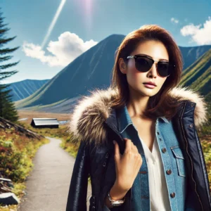 登山道でおしゃれなサングラスをかけた日本人女性がポーズを決める。背景には美しい山の景色