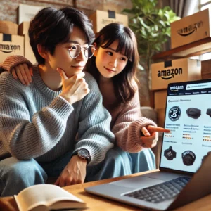 「日本人の若いカップルが自宅のリビングでノートパソコンを使い、Amazonのブルックリン アウトドア カンパニーの商品ページを閲覧している。男性は眼鏡をかけてレビューを読み、女性は画面を指差しながら慎重に検討している。別のシーンでは、アウトドア用品店の店員が正規品と偽物の違いを説明している。」