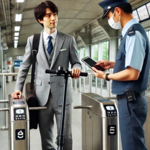 電車に折りたたみ電動キックボードを持ち込もうとする通勤者。