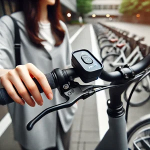 電動自転車のハンドル部分をクローズアップした画像。スイッチ部分には防水カバーが装着され、リアルな質感が再現されている。背景には都市の駐輪場が見え、清潔感のあるカジュアルな服装の日本人女性が電動自転車を利用している様子が描かれている。