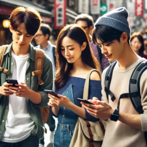 若者のリアルな口コミシーン。スマホを見ながら友人と話している男女の姿