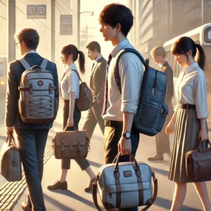 学生がアウトドアプロダクツのリュックを背負って学校に向かう朝のシーン。