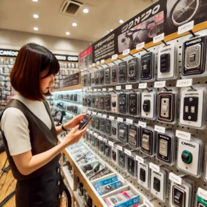 キャンドゥの自転車用品コーナーでスイッチカバーを探す日本人女性