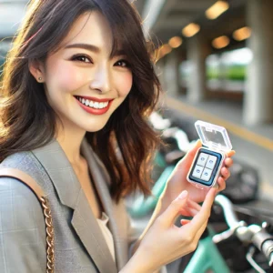 笑顔が素敵な超美人の日本人女性がスイッチカバーを確認している様子です。