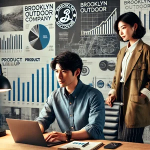 「日本人のビジネスマンがブルックリン アウトドア カンパニーのロゴを表示したノートパソコンを分析し、横に立つ女性がビジネスレポートを持ってサポートしている。」