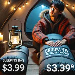 「夜のキャンプ場で日本人の男性がブルックリン アウトドア カンパニーのシュラフをテストしている。暖かいジャケットを着て快適そうにしており、テント内にはランタンが優しい光を灯している。近くには高級ブランドのシュラフが比較のために並べられ、価格や素材の違いがわかるようになっている。」