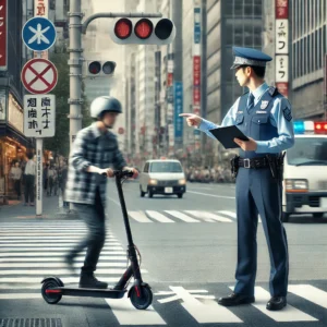 交差点で電動キックボードに乗る人と警察官が交通ルールについて話している。
