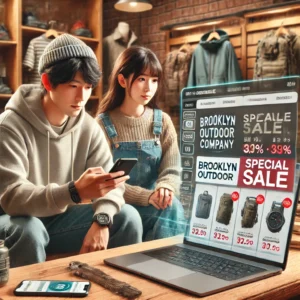 「日本人の男性と女性がテーブルに座り、ノートパソコンでブルックリン アウトドア カンパニーのセール情報をチェックしている。画面には割引価格のバナーが表示されており、横に置かれたスマートフォンには期間限定セールのカウントダウンタイマーが映っている。背景には、オンラインストアのアウトドア用品が並び、特別割引やプロモーションが強調されている。」