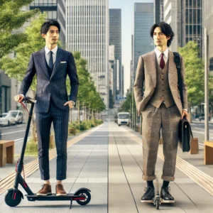 電動キックボード通勤のファッション比較。オシャレな人とダサい人の対比。
