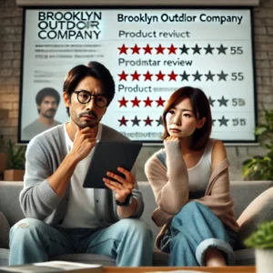「日本人の男性と女性が自宅のソファでタブレットを使い、ブルックリン アウトドア カンパニー製品のカスタマーレビューを読んでいる。男性は眼鏡をかけて少し心配そうに画面を見つめ、女性は考え込むようにレビューをスクロールしている。背景には、5つ星評価のレビューと製品の耐久性に関する批判的なコメントが映し出された大きなスクリーンが見えている。」