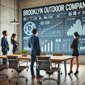 「日本のビジネスチームが会議室でブルックリン アウトドア カンパニーの市場戦略について議論している。大型スクリーンには成長予測のグラフや拡張計画が表示されており、スーツを着た男性とブレザー姿の若い女性が熱心にデータを分析している。」