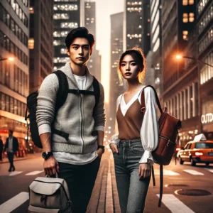 アメリカの都市(ニューヨーク、ロサンゼルスなど)でアウトドアプロダクツのバッグを背負った日本人旅行者の姿。