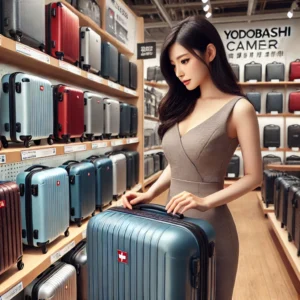 ヨドバシカメラのスーツケース売り場で、スイスミリタリーのスーツケースを手に取って試す日本人女性。背景にはさまざまなカラーやサイズのスーツケースが並ぶ。