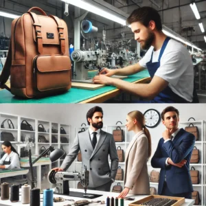 バッグ製造工場の風景。職人が高品質なリュックを仕上げているシーン。