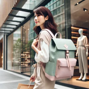 ショッピングを楽しむ日本人女性が、アウトドアプロダクツのパステルカラーのリュックを背負っている様子。
