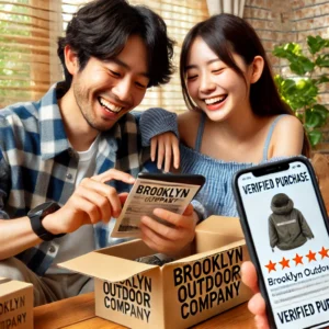 「日本人のカップルが自宅でブルックリン アウトドア カンパニーの製品を開封し、保証書や製品の詳細を確認しながら笑顔を見せている。近くにはスマートフォンの画面があり、5つ星のレビューと 'Verified Purchase' のラベルが表示されている。」