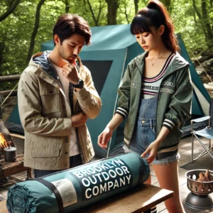 「日本人の若いカップルがブルックリン アウトドア カンパニーのテントを慎重にチェックしている様子。彼らは本物かどうかを確かめている。」