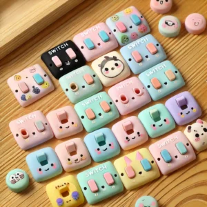 パステルカラーやキャラクター柄の電動自転車スイッチカバーが並ぶ