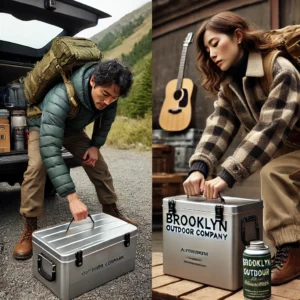 「日本人の男性がブルックリン アウトドア カンパニーのアルミコンテナにキャンプギアを収納している。近くでは、スタイリッシュで実用的なキャンプウェアを着た女性がしっかりとコンテナのラッチを固定している。背景には山岳キャンプ場の風景が広がり、車のトランクが開いており、コンテナの持ち運びがしやすいことが示されている。」