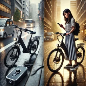 雨上がりの屋外に駐輪された電動自転車。スイッチカバーの有無を比較し、日本人女性がスマホでスイッチカバーについて調べている。"