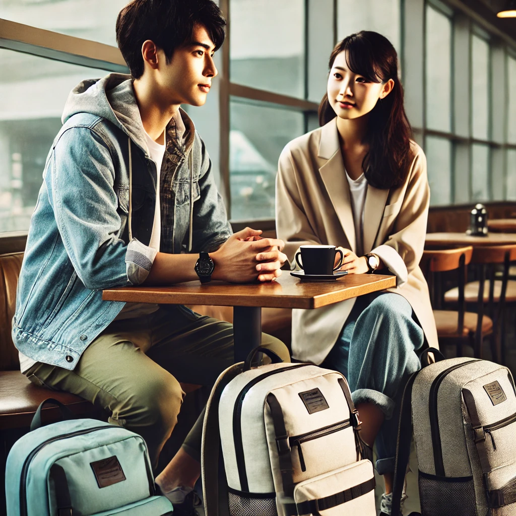 若い日本人のイケメンと美人がナチュラルに会話をしながら、バッグをアピールする姿。