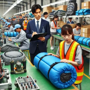 「中国の工場で作業員がアウトドアギアを組み立てる様子。日本人の品質管理担当者がスーツと安全ベストを着てクリップボードを持ちながら生産ラインをチェックしている。近くでは、日本人女性が店舗で製品タグを確認し、本物かどうかを確かめている。」