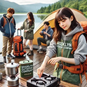 「日本人のキャンパーグループが湖畔の美しいキャンプ場でブルックリン アウトドア カンパニーのテントを設営している。ハイキングウェアを着た若い女性が防水素材を確認し、別のキャンパーが折りたたみ式のキャンプチェアを試している。近くでは、男性が小型ストーブで料理をし、高品質なキャンプギアに囲まれている。」