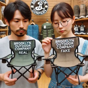 「日本人の男性がブルックリン アウトドア カンパニーの本物のキャンプチェアを持ち、一方で眼鏡をかけた女性が偽物のチェアを慎重に検証している。彼らはラベルや縫製の違いを比較しており、背景には様々なキャンプ用品が並ぶアウトドアショップの風景が広がっている。」