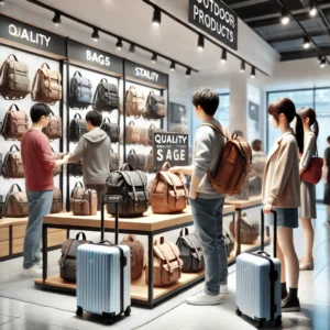 アウトドアプロダクツの店頭で、商品をチェックする買い物客。