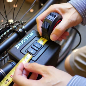 ブリヂストンの電動自転車スイッチを測定する日本人男性。100均スイッチカバーの適合性を確認している。